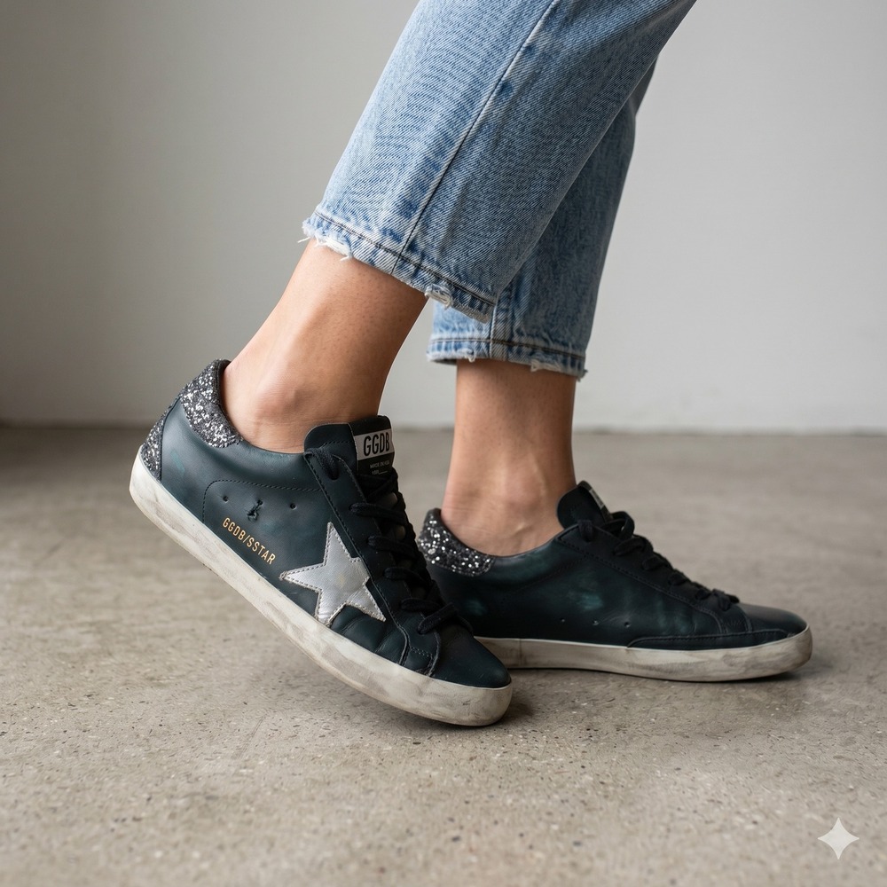 Golden Goose Superstar Sneakers Women 39 9 Black Leather Glitter Star Distressed